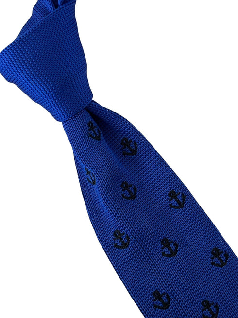 royal blue knitted tie with black nautical anchor embroidered design